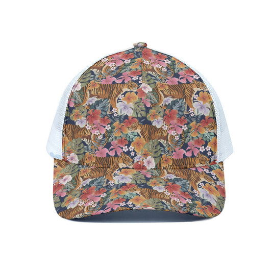 Flower And Tiger Pattern Print White Mesh Trucker Cap