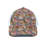 Flower And Tiger Pattern Print White Mesh Trucker Cap