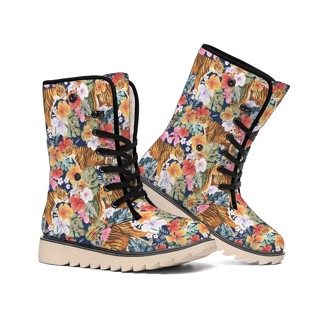Flower And Tiger Pattern Print Winter Boots