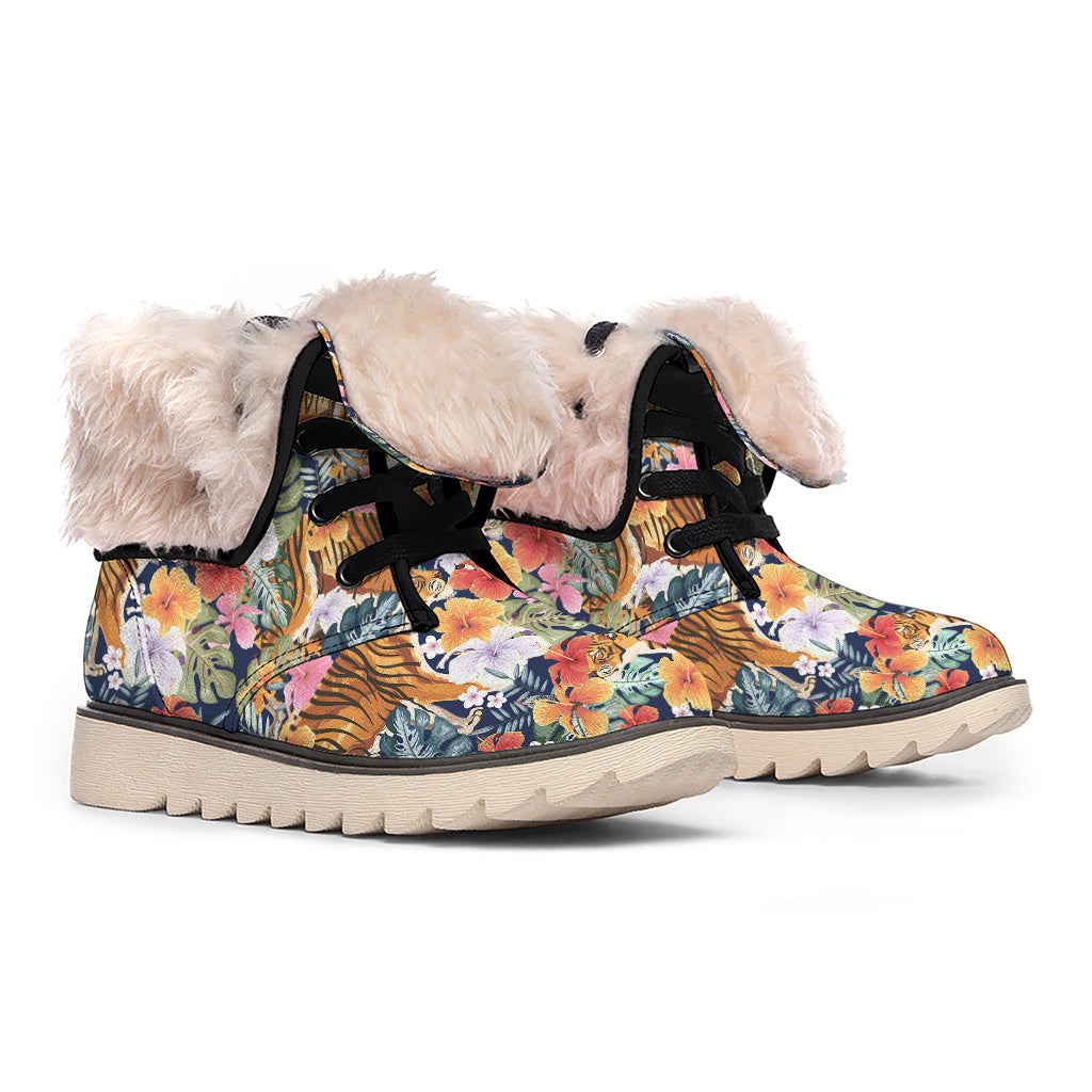 Flower And Tiger Pattern Print Winter Boots