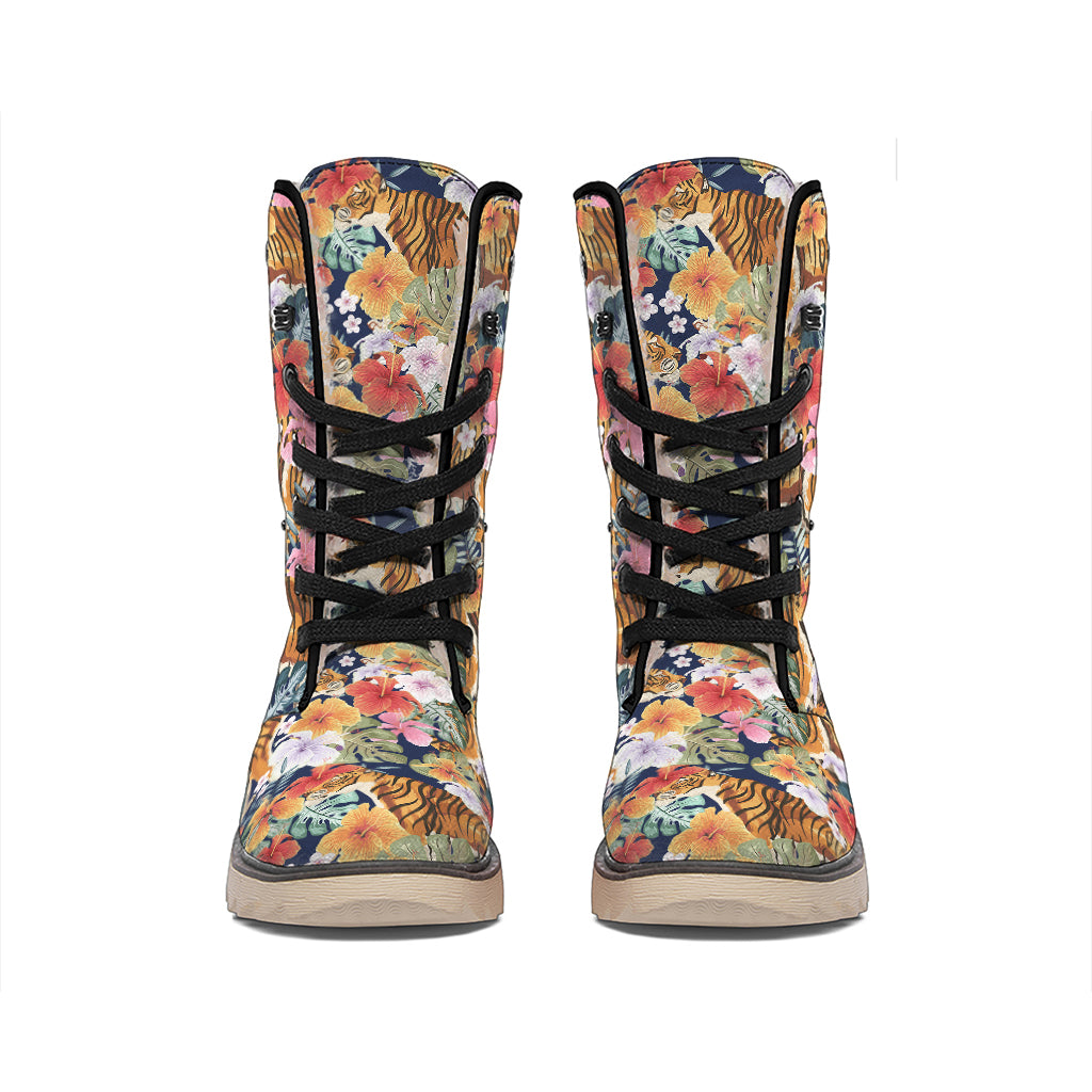 Flower And Tiger Pattern Print Winter Boots