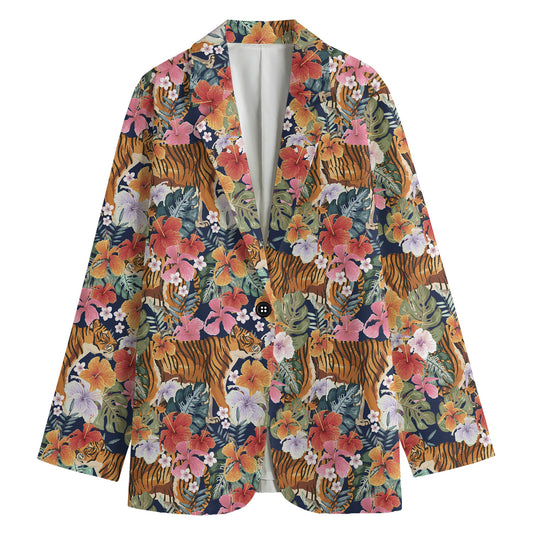Flower And Tiger Pattern Print Women's Blazer