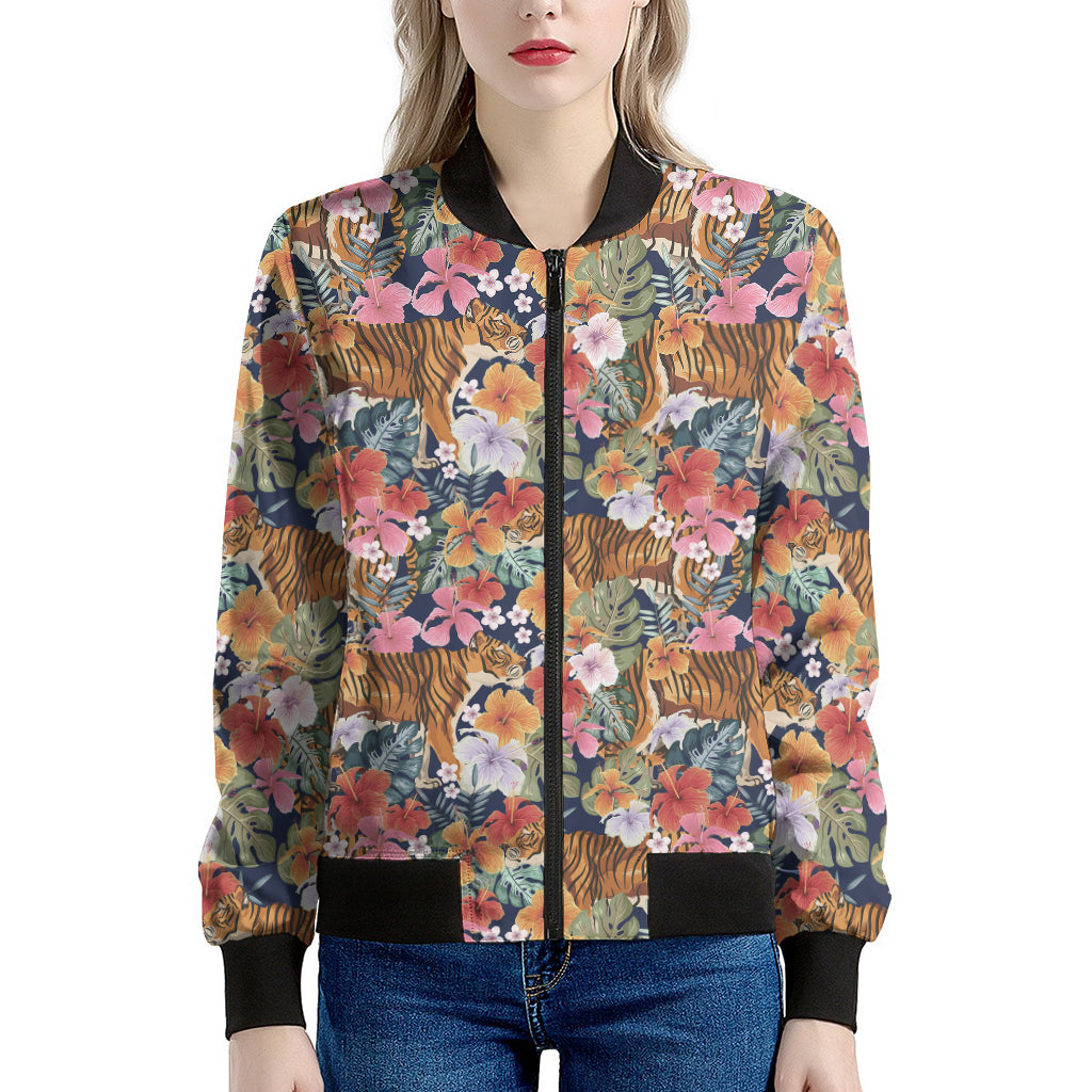 Flower And Tiger Pattern Print Women's Bomber Jacket
