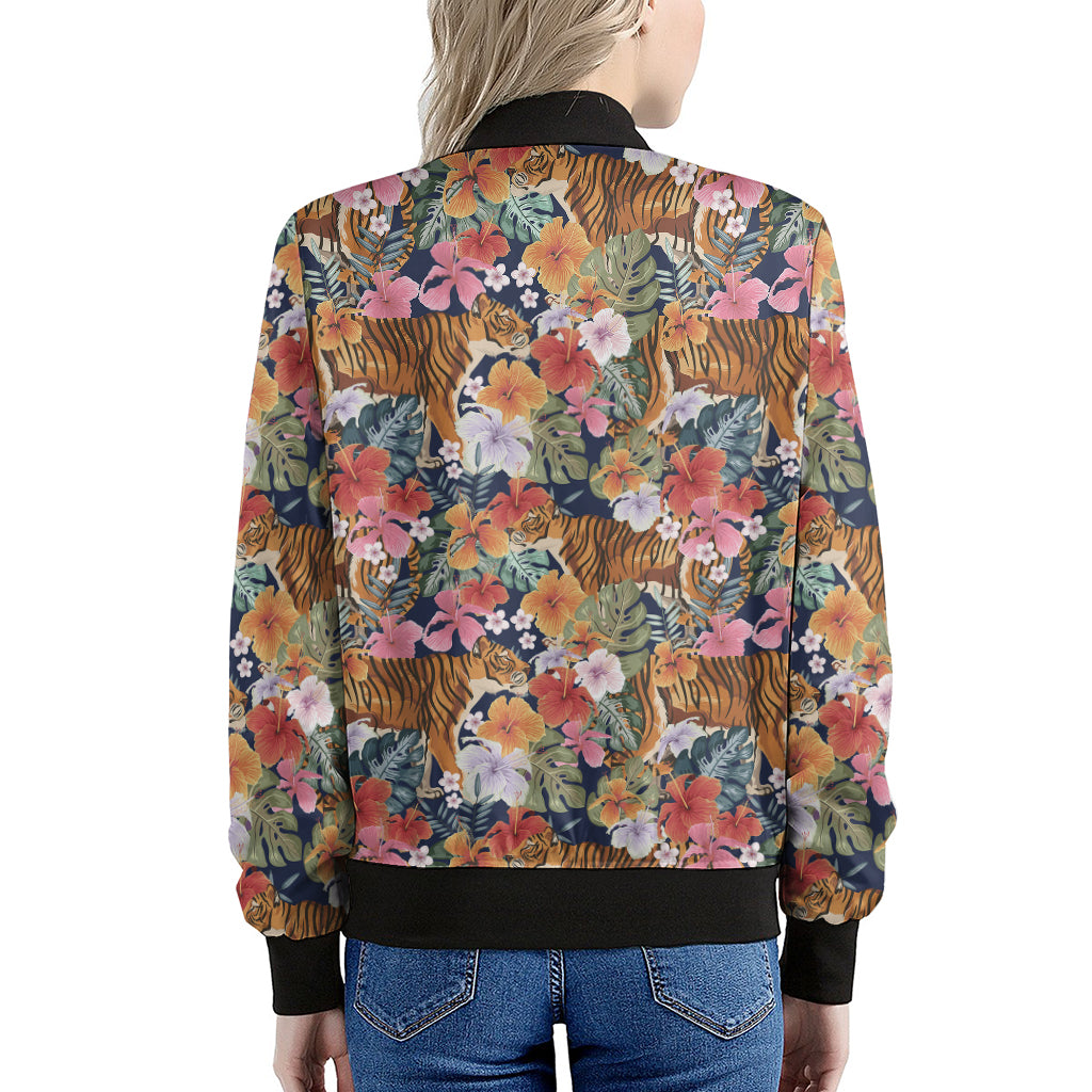 Flower And Tiger Pattern Print Women's Bomber Jacket