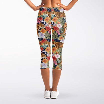 Flower And Tiger Pattern Print Women's Capri Leggings