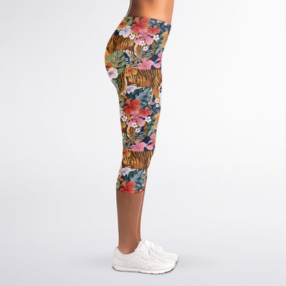 Flower And Tiger Pattern Print Women's Capri Leggings