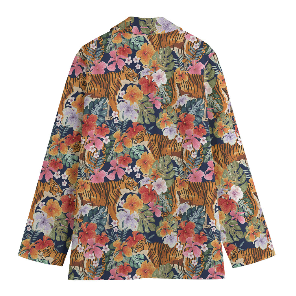 Flower And Tiger Pattern Print Women's Cotton Blazer