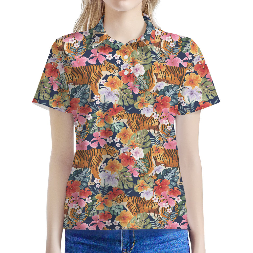 Flower And Tiger Pattern Print Women's Polo Shirt