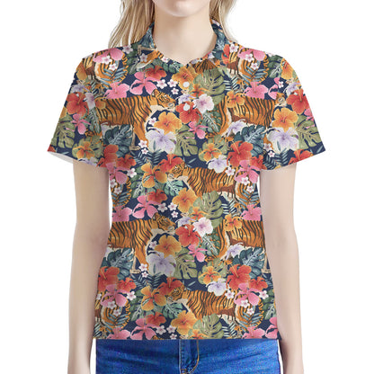 Flower And Tiger Pattern Print Women's Polo Shirt