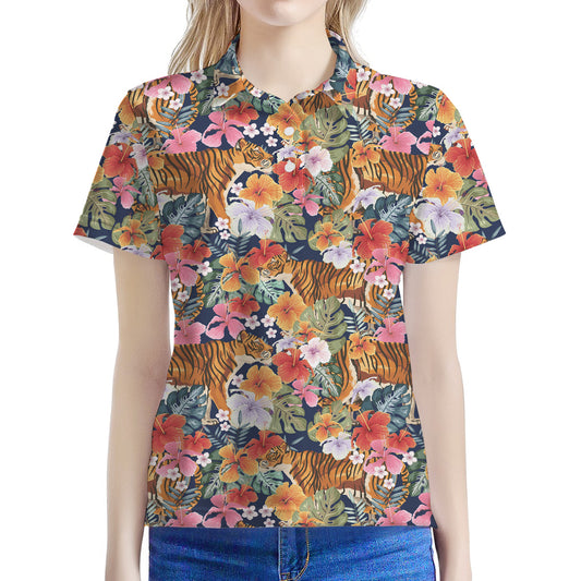 Flower And Tiger Pattern Print Women's Polo Shirt