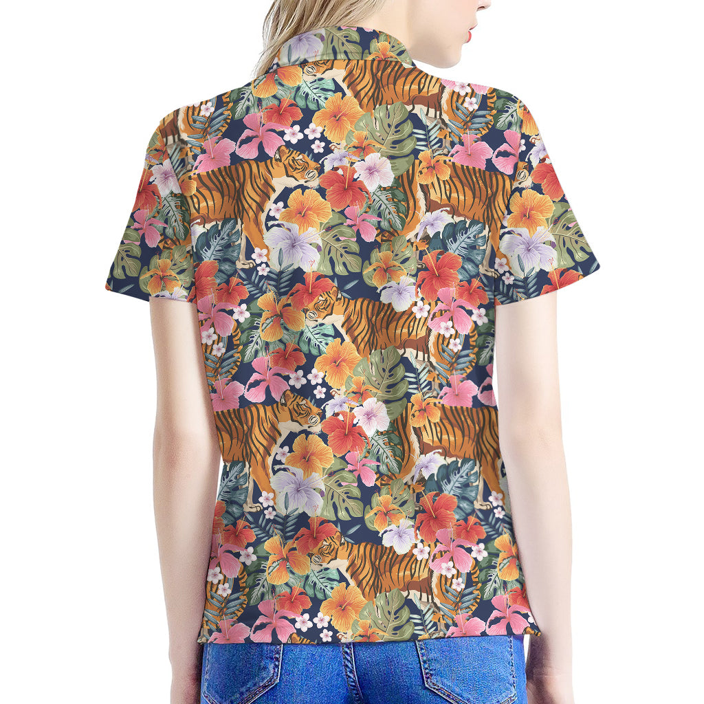 Flower And Tiger Pattern Print Women's Polo Shirt