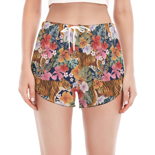 Flower And Tiger Pattern Print Women's Split Running Shorts