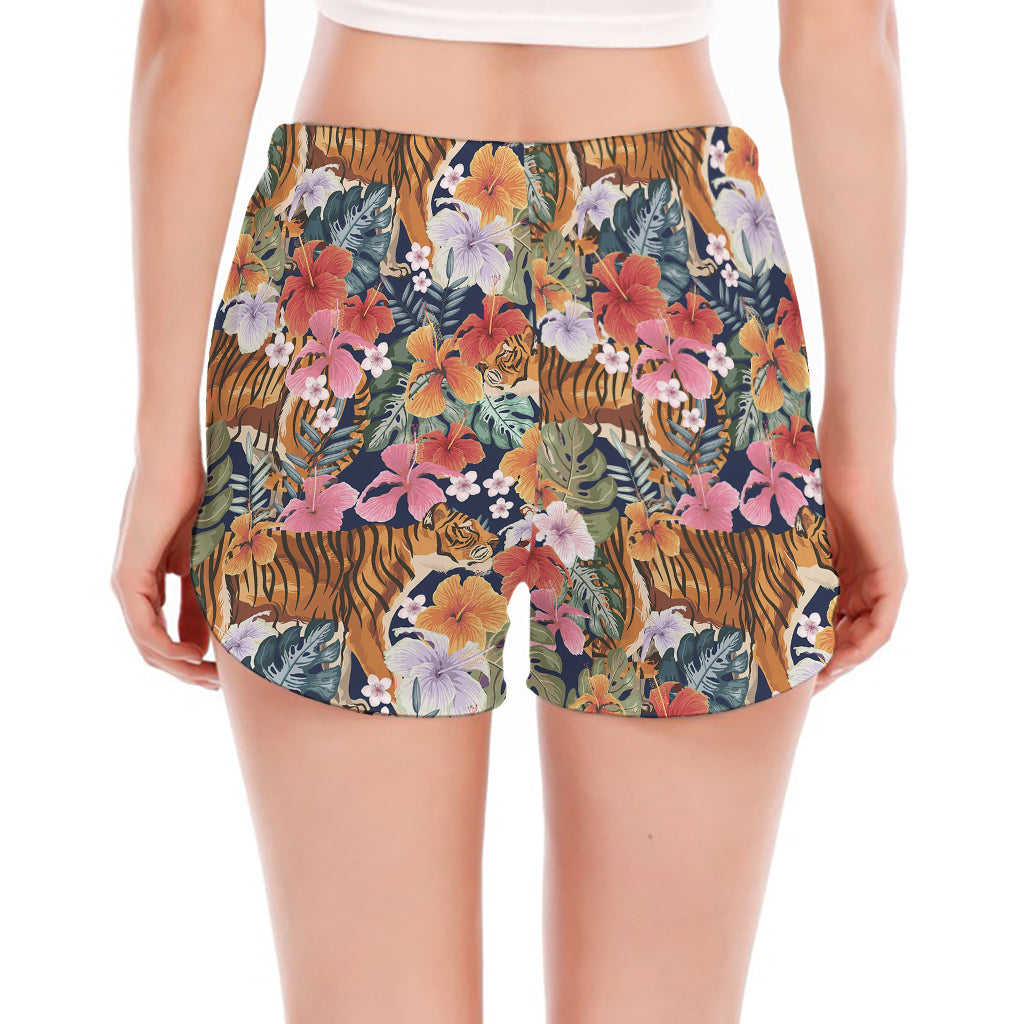 Flower And Tiger Pattern Print Women's Split Running Shorts