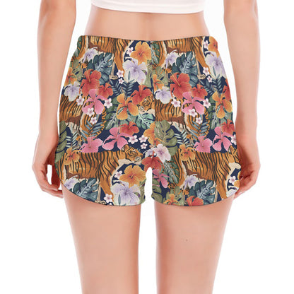 Flower And Tiger Pattern Print Women's Split Running Shorts