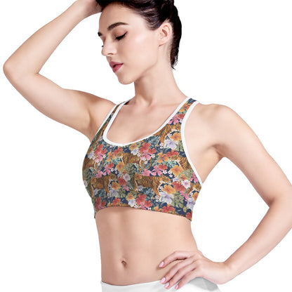 Flower And Tiger Pattern Print Women's Sports Bra