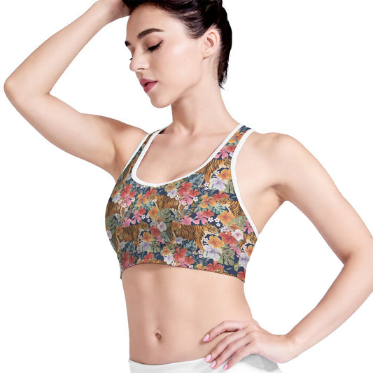 Flower And Tiger Pattern Print Women's Sports Bra