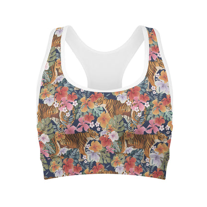 Flower And Tiger Pattern Print Women's Sports Bra