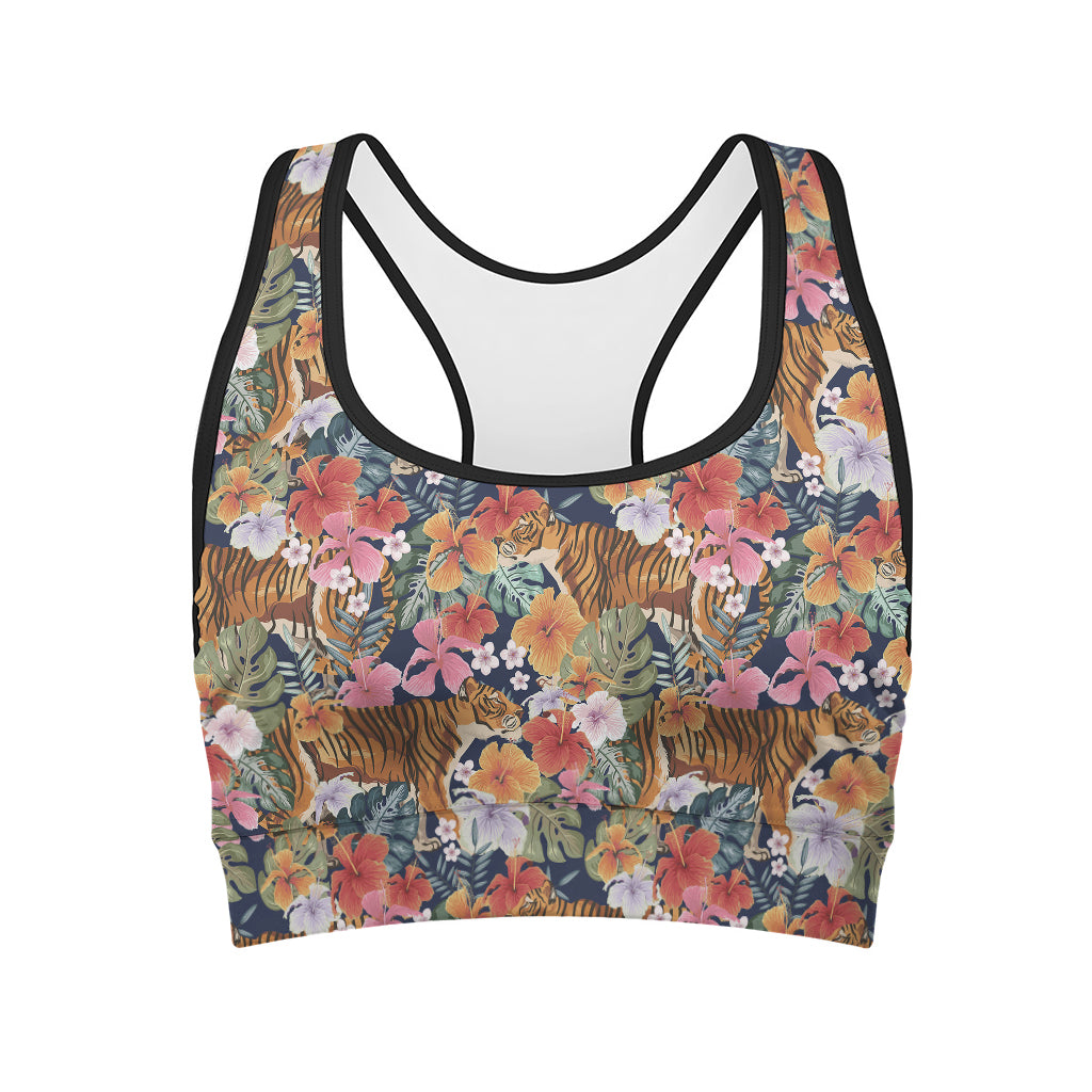 Flower And Tiger Pattern Print Women's Sports Bra