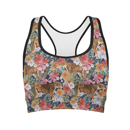 Flower And Tiger Pattern Print Women's Sports Bra
