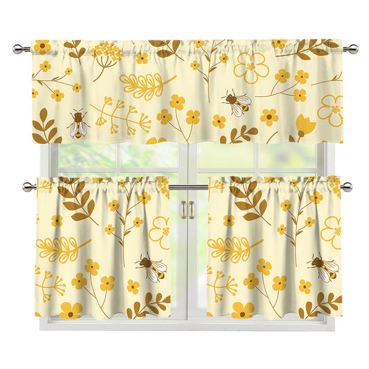 Flower Bee Pattern Print 3 Piece Kitchen Curtains
