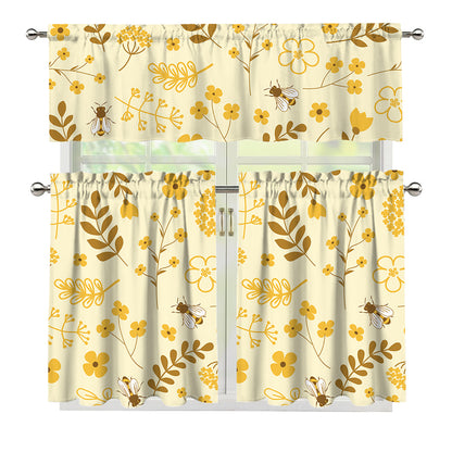 Flower Bee Pattern Print 3 Piece Kitchen Curtains