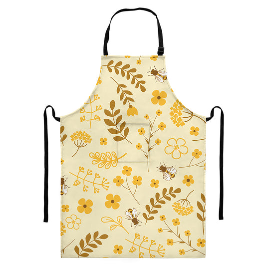 Flower Bee Pattern Print Bib Apron With Pocket