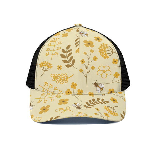 Flower Bee Pattern Print Black Mesh Trucker Cap