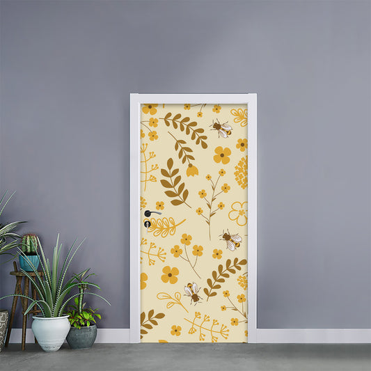 Flower Bee Pattern Print Door Sticker