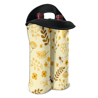 Flower Bee Pattern Print Double Neoprene Wine Tote