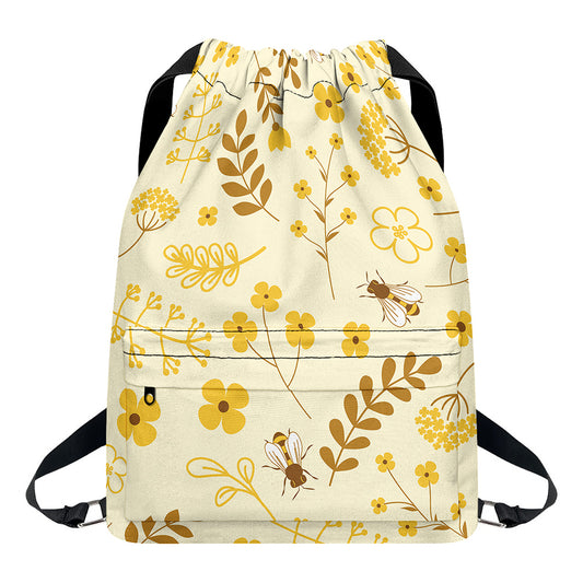 Flower Bee Pattern Print Drawstring Backpack