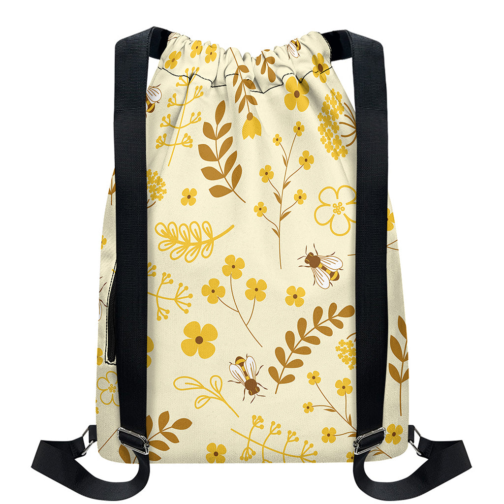 Flower Bee Pattern Print Drawstring Backpack
