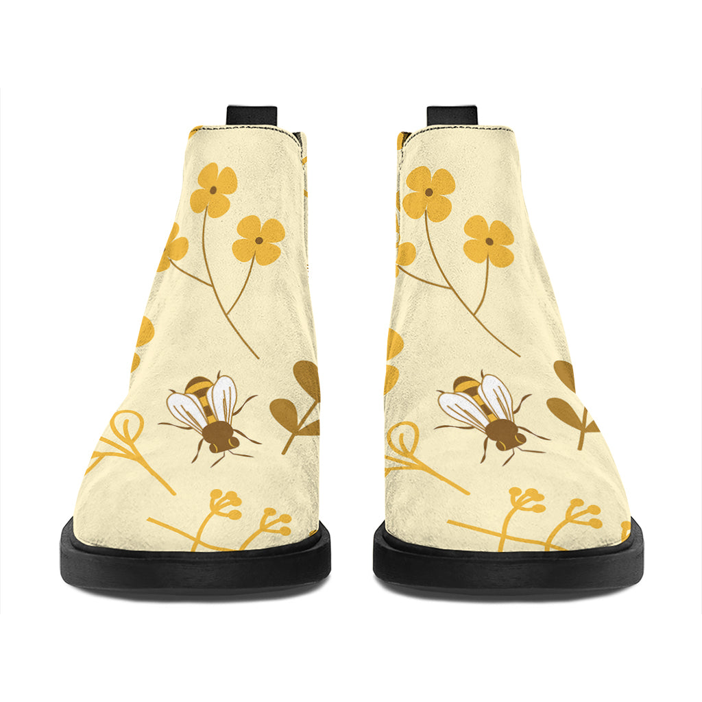 Flower Bee Pattern Print Flat Ankle Boots