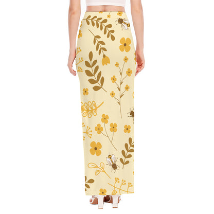 Flower Bee Pattern Print High Slit Maxi Skirt