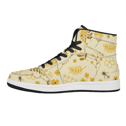 Flower Bee Pattern Print High Top Leather Sneakers