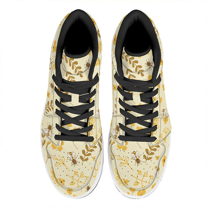 Flower Bee Pattern Print High Top Leather Sneakers