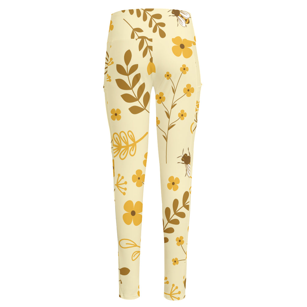 Flower Bee Pattern Print High-Waisted Pocket Leggings