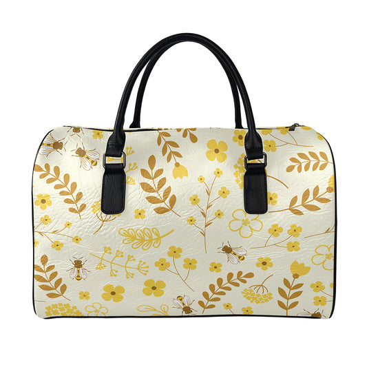 Flower Bee Pattern Print Leather Duffle Bag