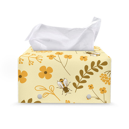 Flower Bee Pattern Print Leather Tissue Box Cover