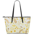 Flower Bee Pattern Print Leather Tote Bag With Zipper