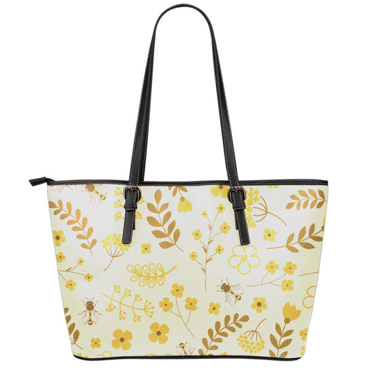 Flower Bee Pattern Print Leather Tote Bag