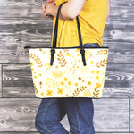 Flower Bee Pattern Print Leather Tote Bag