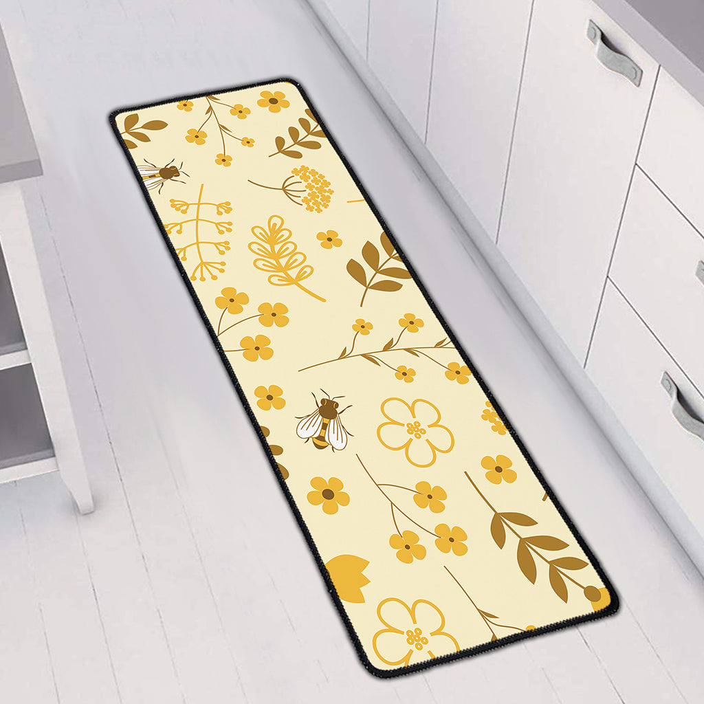 Flower Bee Pattern Print Long Kitchen Mat