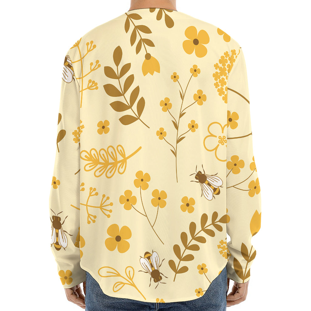 Flower Bee Pattern Print Long Sleeve Baseball Jersey
