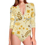 Flower Bee Pattern Print Long Sleeve Swimsuit