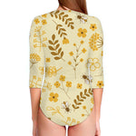 Flower Bee Pattern Print Long Sleeve Swimsuit