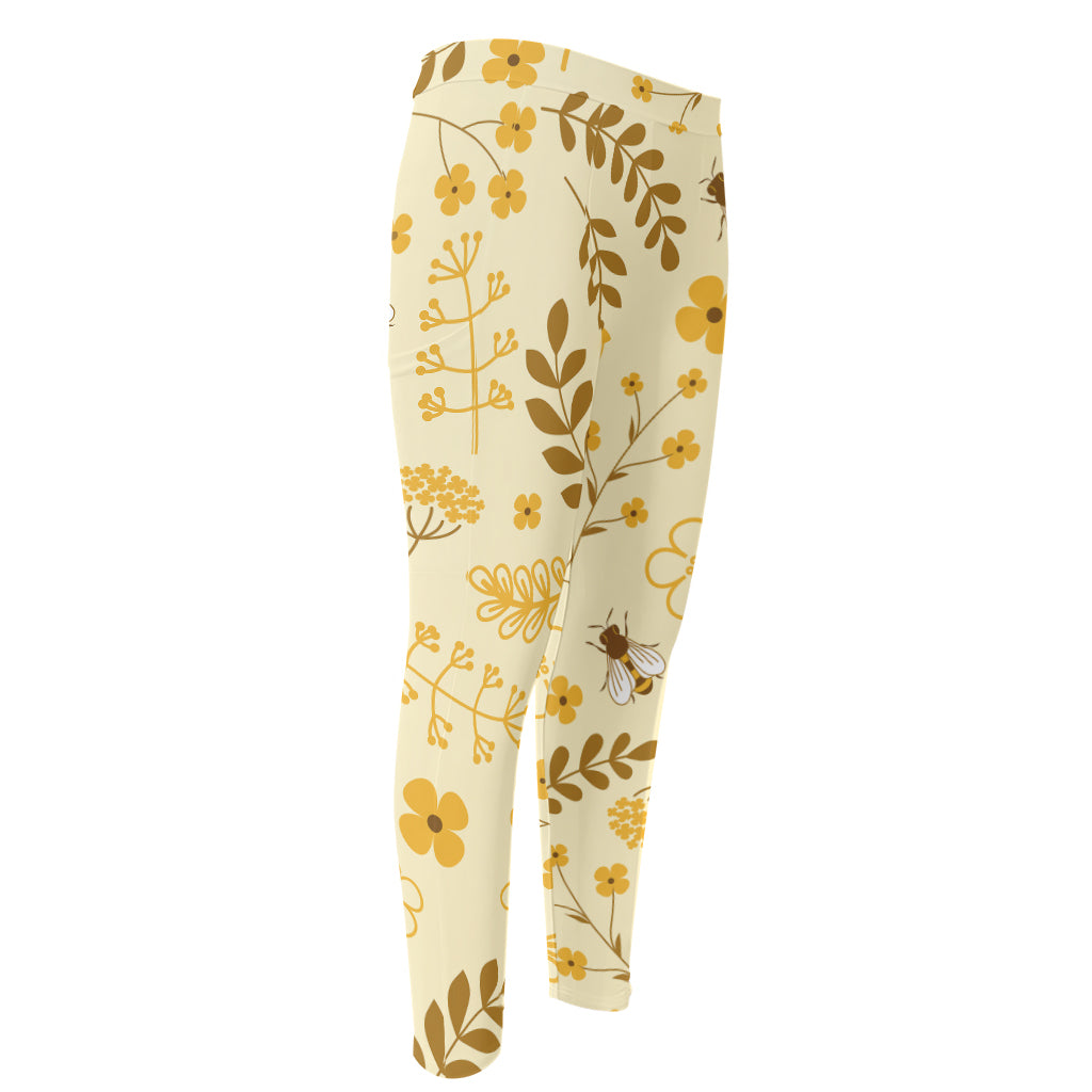 Flower Bee Pattern Print Men's Compression Pants