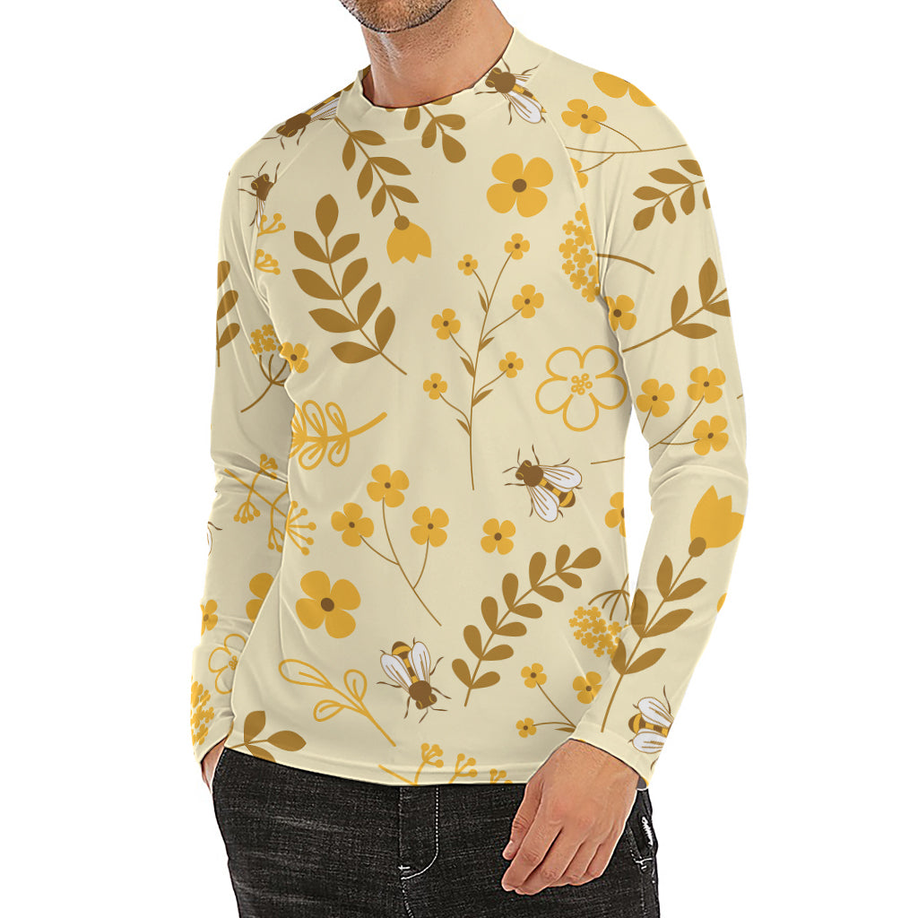 Flower Bee Pattern Print Men's Long Sleeve Rash Guard