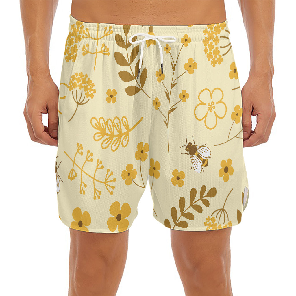 Flower Bee Pattern Print Men's Split Running Shorts
