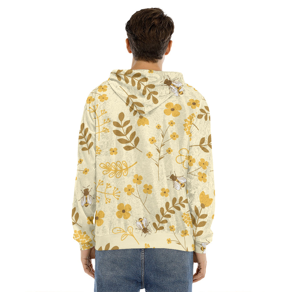 Flower Bee Pattern Print Men's Velvet Pullover Hoodie