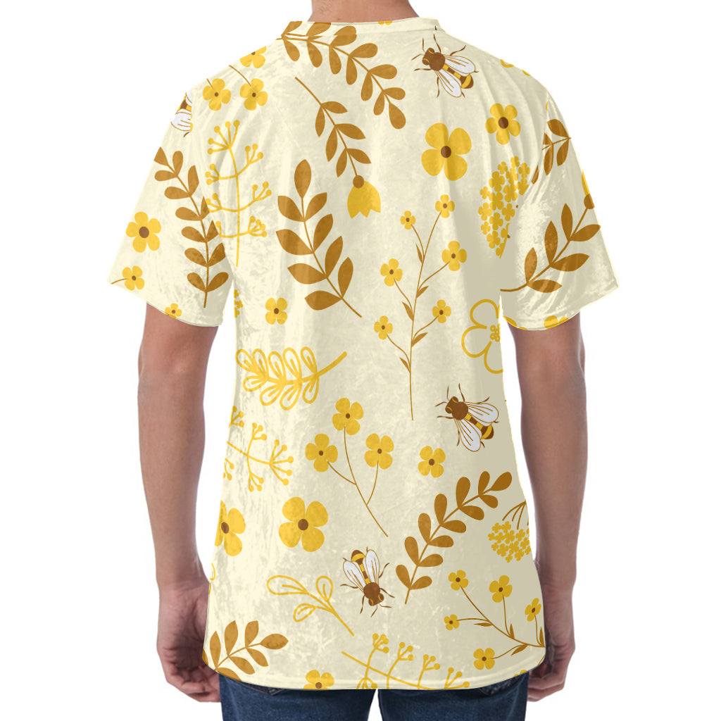 Flower Bee Pattern Print Men's Velvet T-Shirt